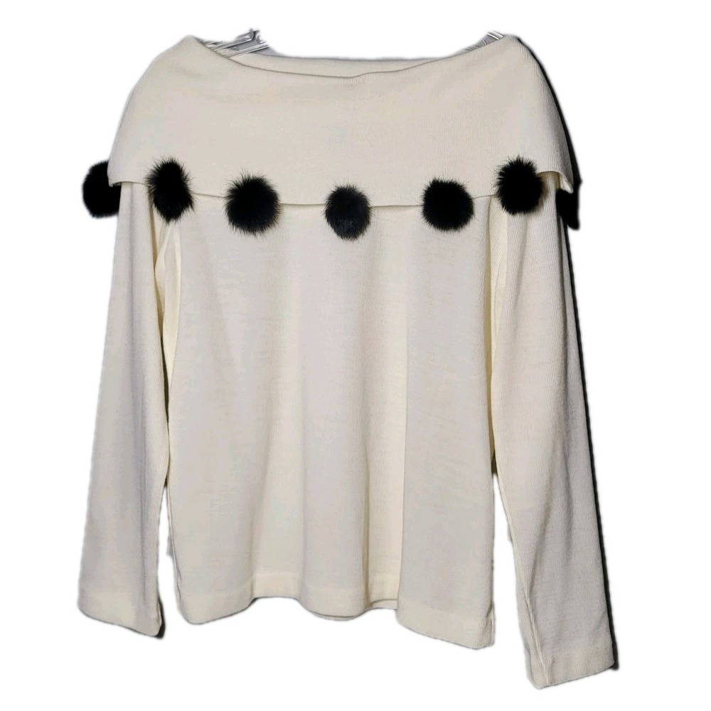 Lennie Nina Leonard White Fur Black Pompom Cowl Neck Sweater